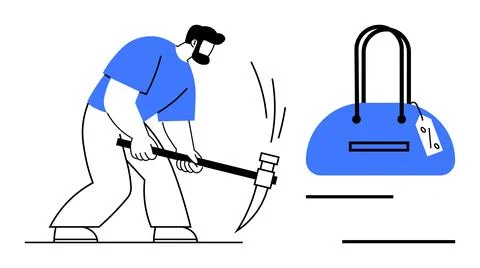 Man using a hammer, symbolizing work and craftsmanship, next to a blue handba Stock Illustration