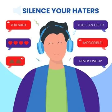 Man using headphone smile calmly ignore and mute haters messages Stock Illustration