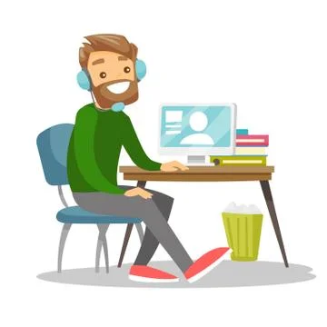 Man using headset and computer in call center. 库存插图