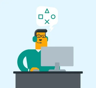 Man using headset and computer in call center. Stock Illustration