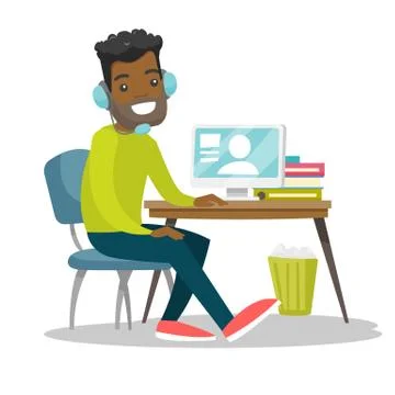 Man using headset and computer in call center. Illustrazione stock