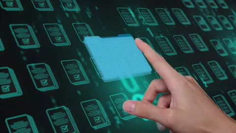 A man is using his finger to touch the pop-up charts, statistics and other infor Vídeo Stock 347996282