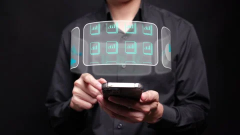 A man is using his finger to touch the pop-up charts, statistics and other infor Vídeo Stock 347996346