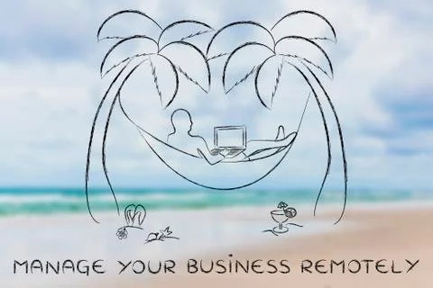 Man using his laptop on a hammock, with text Working remotely Stock Illustration