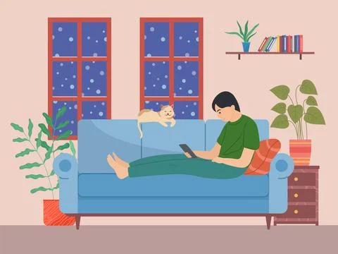 A man using his phone while sitting on the couch. A boy spending time in the Stock Illustration