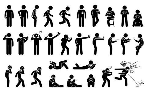 Man using, holding, and carrying phone or smartphone in different basic posit Stock Illustration