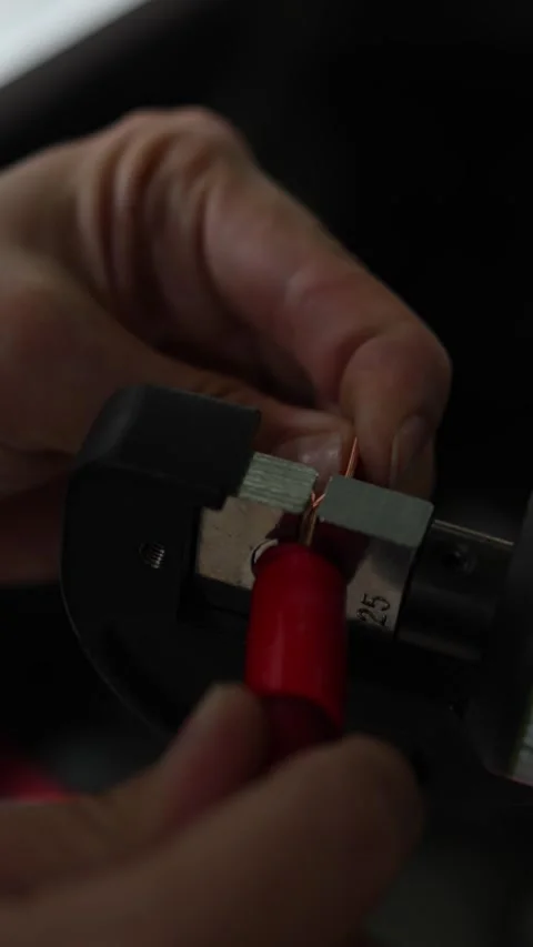 Man using a hydraulic crimping tool on a power cable. Vídeo Stock 344365485