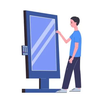 Man using interactive kiosk stand with display flat vector illustration isolated イラスト素材