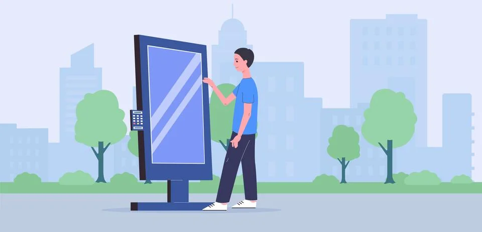 Man using interactive self-service kiosk at cityscape flat vector illustration. Stock Illustration