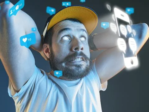Man using interface modern technology and digital layer effect for social media Stock Photos