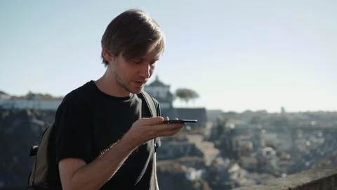 Man Using Internet Voice Search Technology On Mobile Phone recognition speech ai Stock Footage 97854626