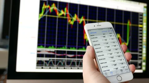 Man using ipad to check stock market price with exchange rate chart on iMac Stock Footage 113794312