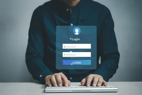 Man using keyboard computer login interface on touch screen. user name and pa Stock Photos