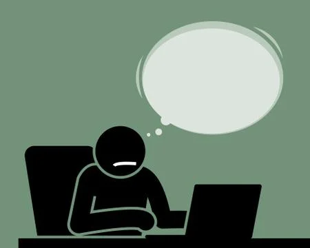 Man using a laptop and thinking of something.  Illustrazione stock