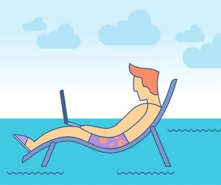Man using laptop at beach. Stock Illustration