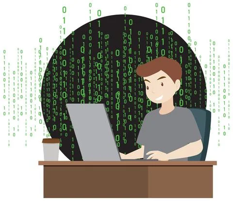 A man using laptop with binary code Stock Illustration