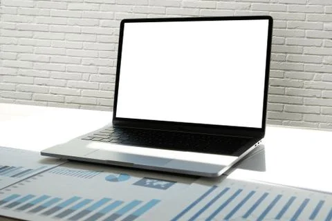 Man Using laptop with blank screen work on Blank screen computer Cloud comput Stock Photos