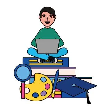 Man using laptop with books Stock Illustration