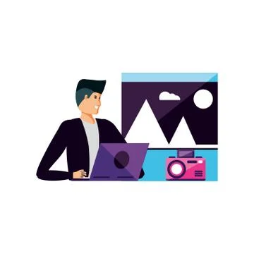 Man using laptop with camera photographic 스톡 일러스트