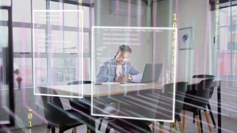 Man using laptop, checking phone in office, causing AR 0 or 1 frames layering Stock Footage 333925127