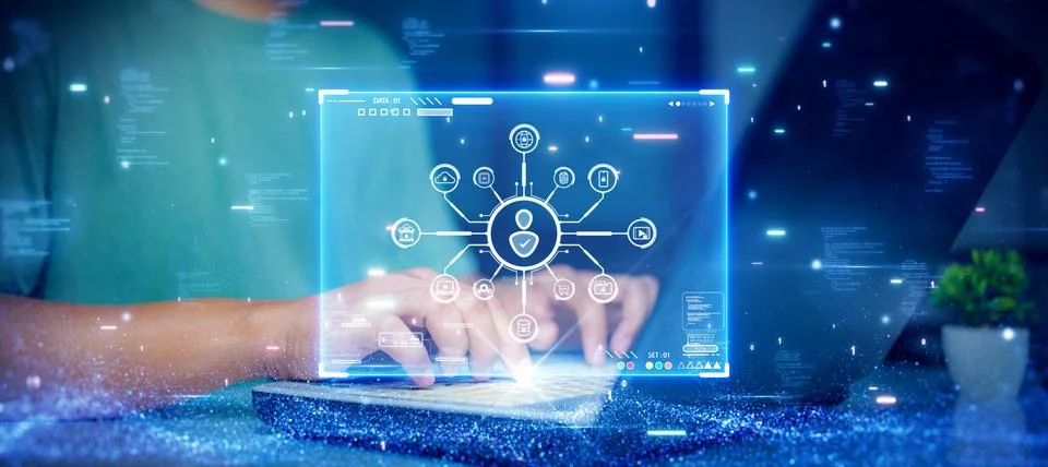 Man using laptop computer accessing applications or login Internet network .. Foto stock