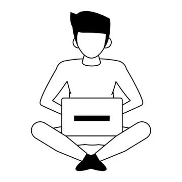 Man using laptop computer cartoon in black and white 스톡 일러스트