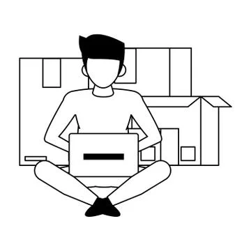 Man using laptop computer cartoon in black and white 스톡 일러스트