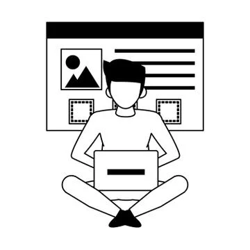 Man using laptop computer cartoon in black and white Stock Illustration