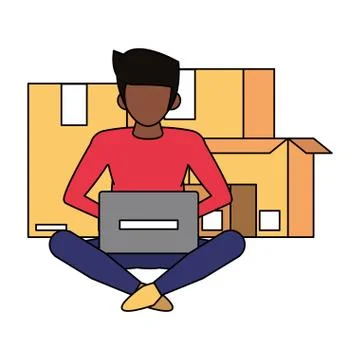 Man using laptop computer cartoon Stock Illustration
