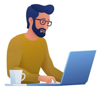 Man Using Laptop Computer Cartoon Illustration 스톡 일러스트