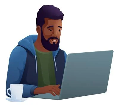 Man Using Laptop Computer Cartoon Illustration 스톡 일러스트