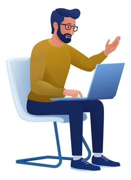 Man Using Laptop Computer Cartoon Illustration Stock Illustration