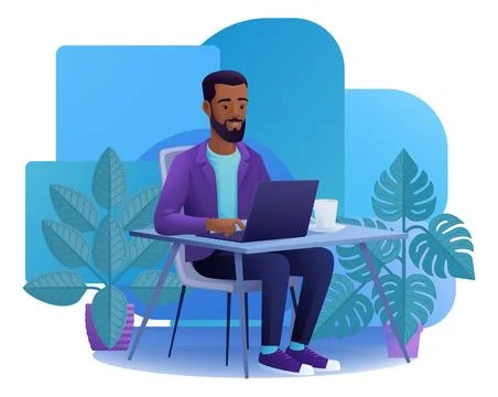 Man Using Laptop Computer Cartoon Illustration Illustrazione stock