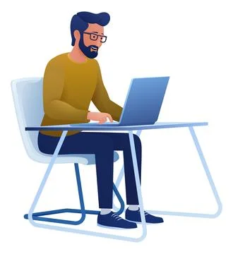 Man Using Laptop Computer Cartoon Illustration Stock Illustration