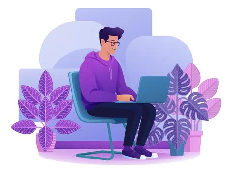 Man Using Laptop Computer Cartoon Illustration Stock Illustration