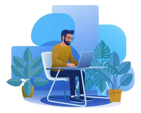 Man Using Laptop Computer Cartoon Illustration Stock Illustration