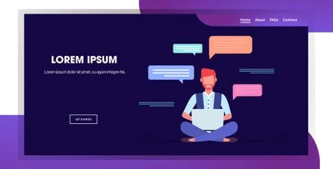 Man using laptop computer chatting app social network speech chat bubble comm Stock Illustration