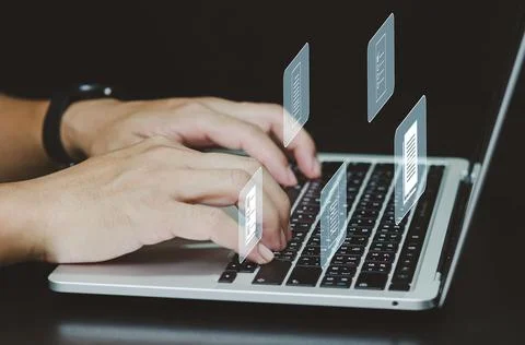 Man using laptop computer  document management and digital storage system scr Stock Photos