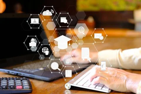 Man using laptop computer with education icon concept worked from home quar.. Stock Photos