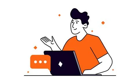 Man using laptop computer illustration, Person gesturing at workspace desk, R Illustration