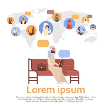 Man Using Laptop Computer Muslim People Chat Media Communication Social Network 스톡 일러스트