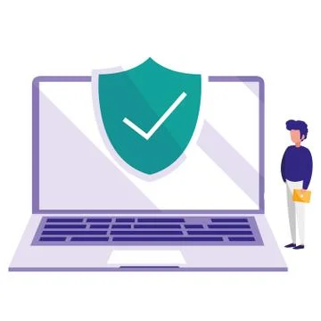 Man using laptop computer with shield Stock Illustration