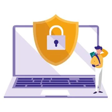 Man using laptop computer with shield Stock Illustration