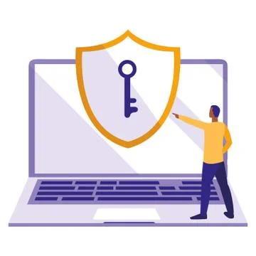 Man using laptop computer with shield Stock Illustration