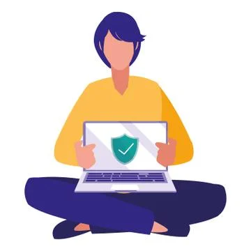 Man using laptop computer with shield イラスト素材