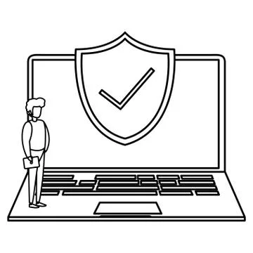 Man using laptop computer with shield Stockillustratie