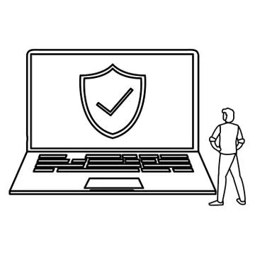 Man using laptop computer with shield Stock Illustration