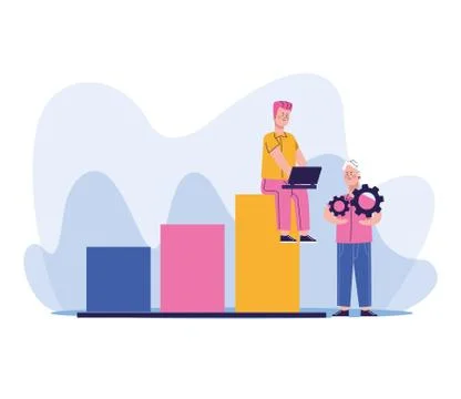 Man using a laptop computer sitting on chart bar graph and man with gear wheels Stock Illustration