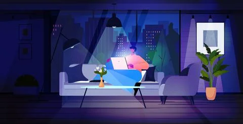 Man using laptop in dark night living room social media network online Stock Illustration