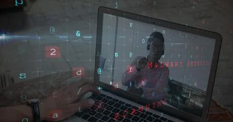 Man using laptop with digital malware detection interface, focusing on Illustrazione stock